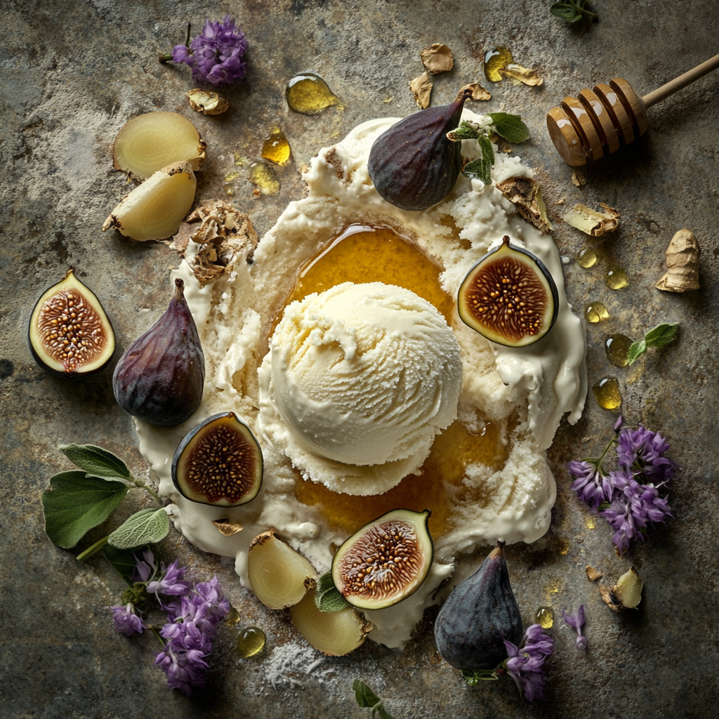 Fig and honey ice cream with fresh figs and honey drizzle
